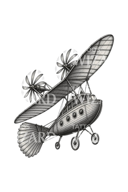 Victorian Aerial Steam Carriage Tattoo Design