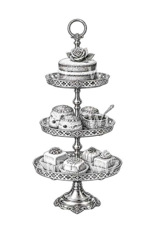 维多利亚风下午茶蛋糕架纹身插画