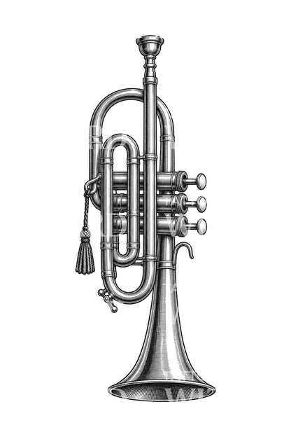 Victorian Brass Cornet with Tassel Tattoo Design