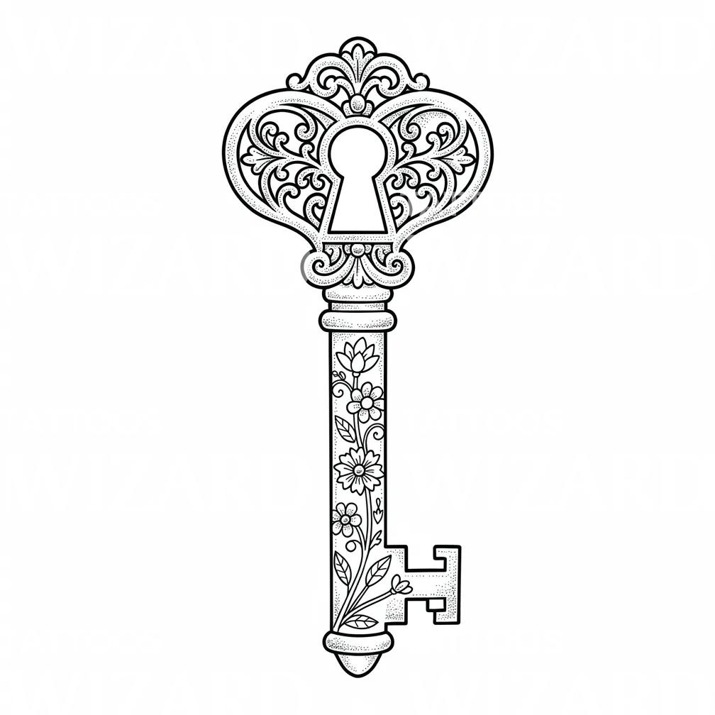 Victorian Floral Key Tattoo Design