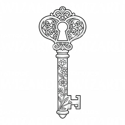 Victorian Floral Key Tattoo Design