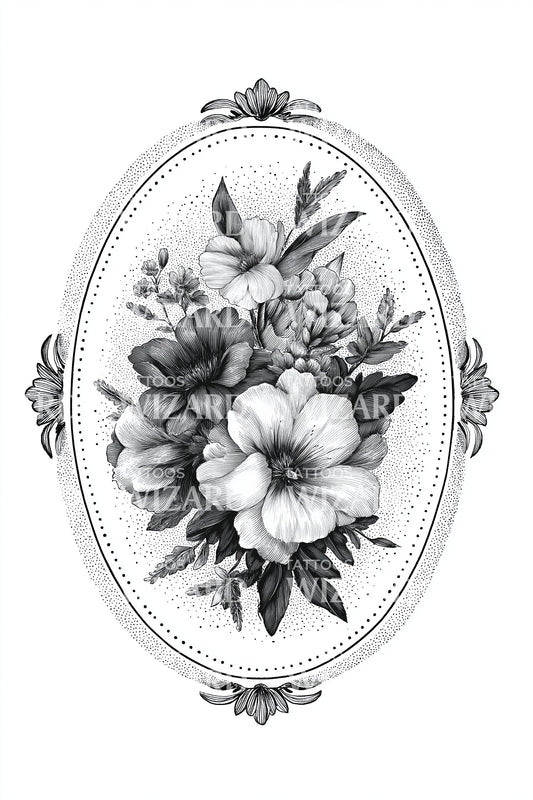 Victorian Oval Bouquet Tattoo Design