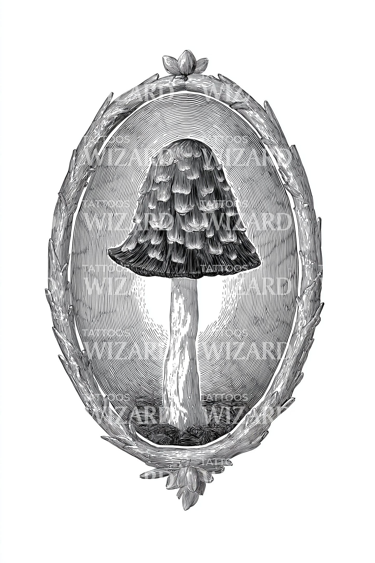Victorian Oval Mushroom Tattoo Design