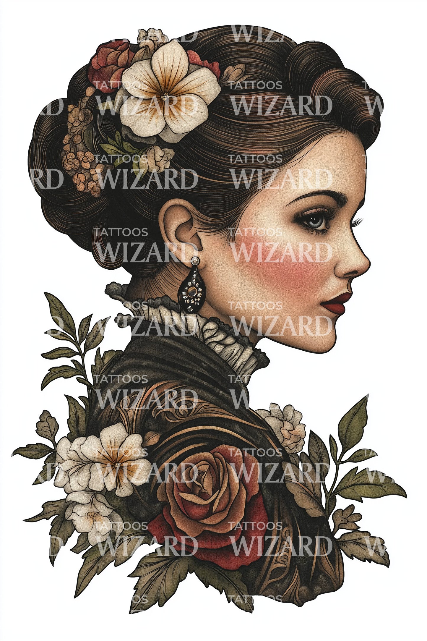 Victorian Rose Lady Tattoo Illustration