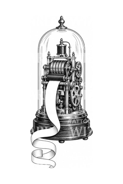 Tattoo-Illustration eines viktorianischen Börsentickers unter Glas