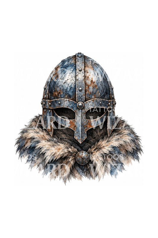 Tatuagem de capacete viking com capa de pele