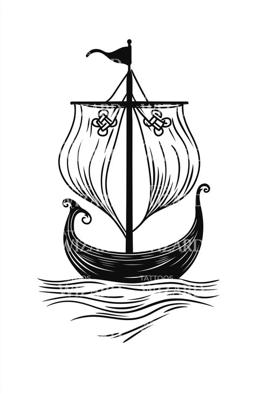 Viking Longship Linework Tattoo Illustration