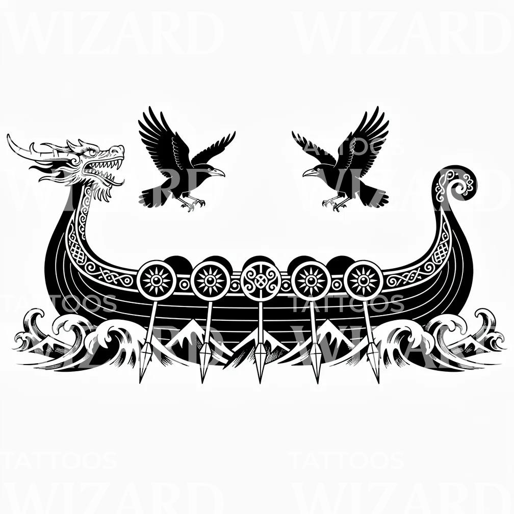 Viking Longship Ravens Tattoo Design