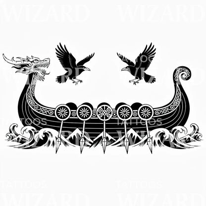 Viking Longship Ravens Tattoo Design
