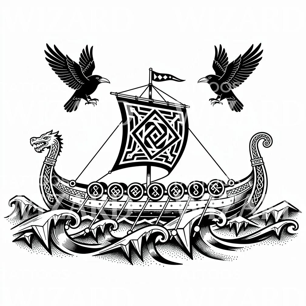 Viking Longship Ravens Tattoo Design