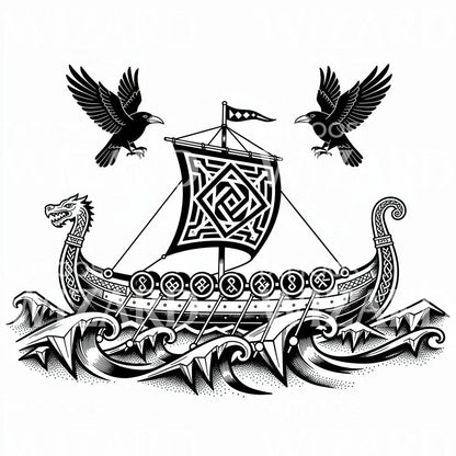 Viking Longship Ravens Tattoo Design