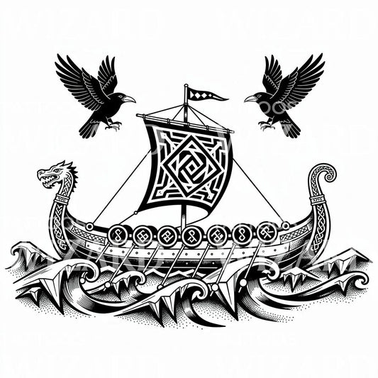 Viking Hosszúhajó Hollók Tetoválás Design