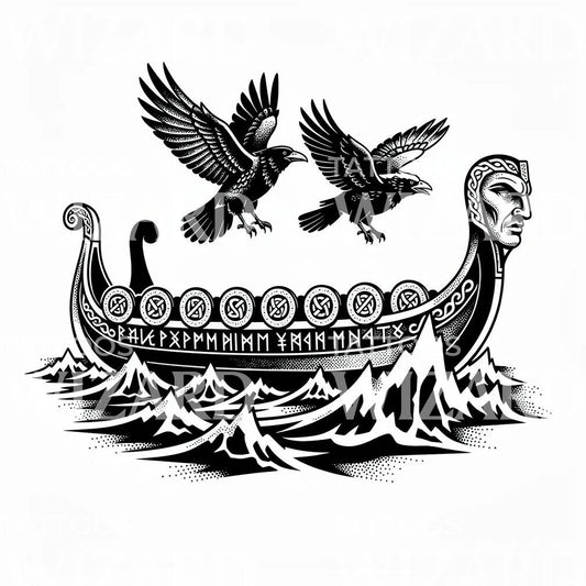 Wikinger-Langschiff-Raben Tattoo-Design