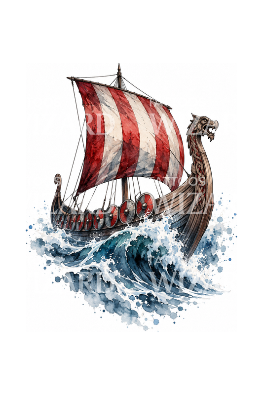 Illustrasjon av vikingskip som rir på en stormbølge