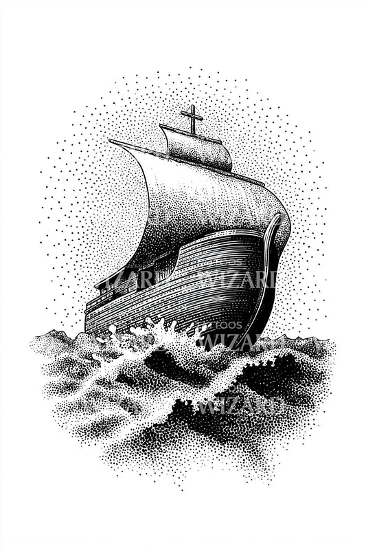 Viking Longship Surge Tattoo Illustration