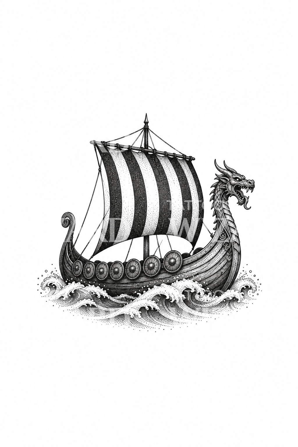 Viking Longship with Dragon Prow Dotwork Tattoo
