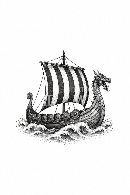 Viking Longship with Dragon Prow Dotwork Tattoo