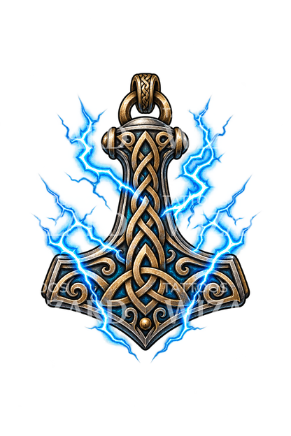 Liontin Mjolnir Viking dengan simpul dan petir