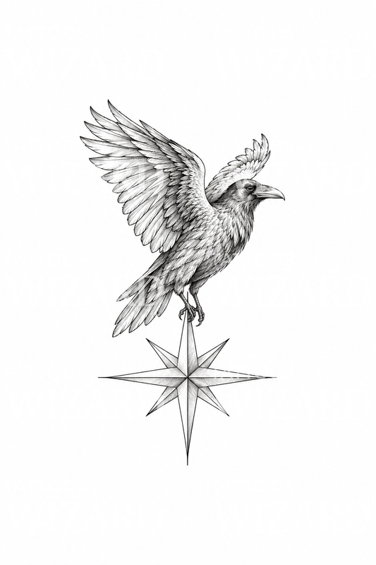 Illustration af vikingravn på kompasstjerne