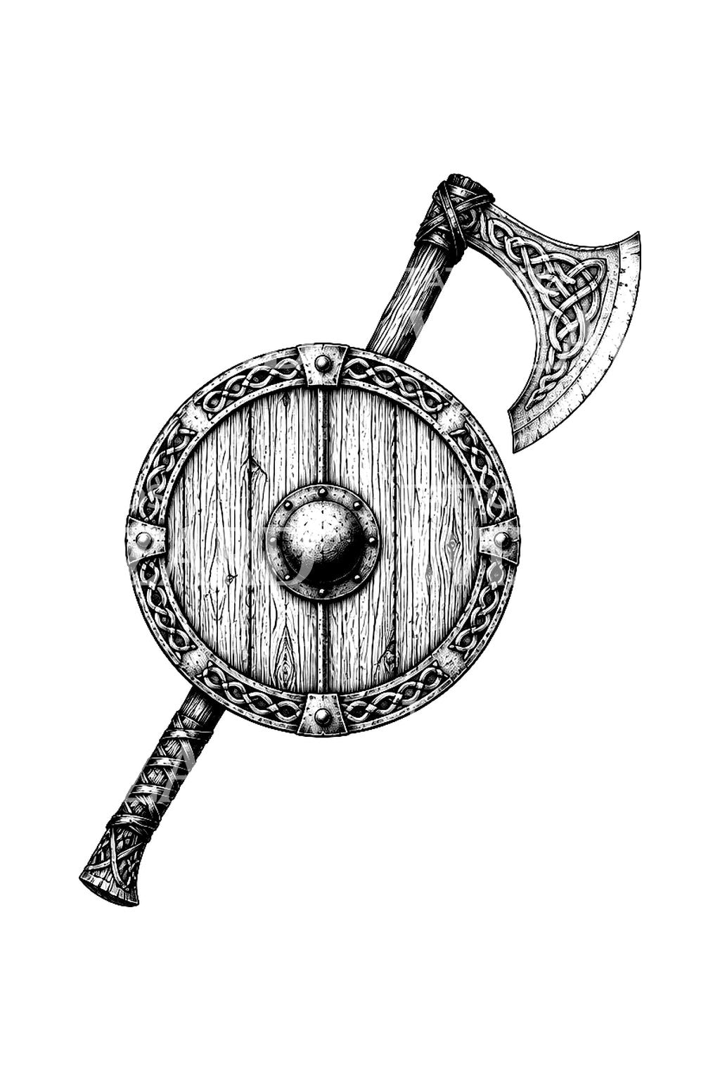 Vikingtatovering med rundt skjold og skjeggete øks