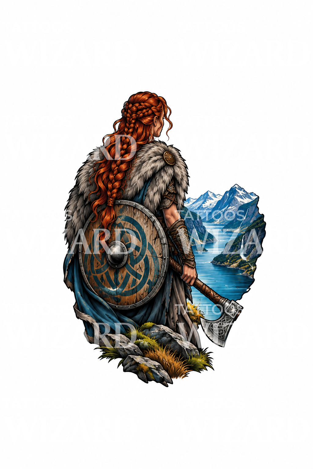 Viking pajzslány a fjord felett, tetoválásminta