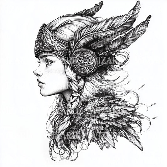 Viking Shieldmaiden with Feathered Helm Tattoo Idea