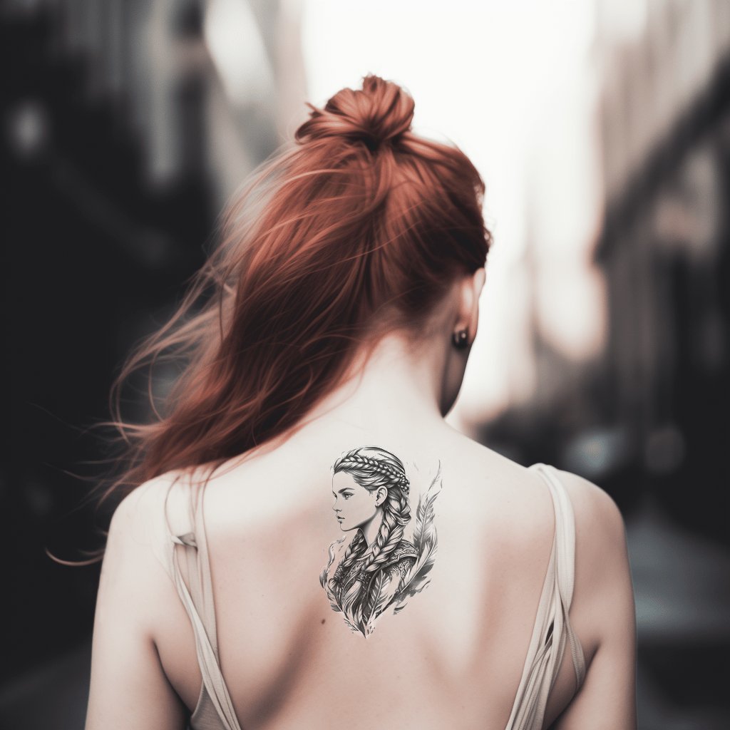 Fierce Young Viking Woman with Braided Hair Tattoo Design