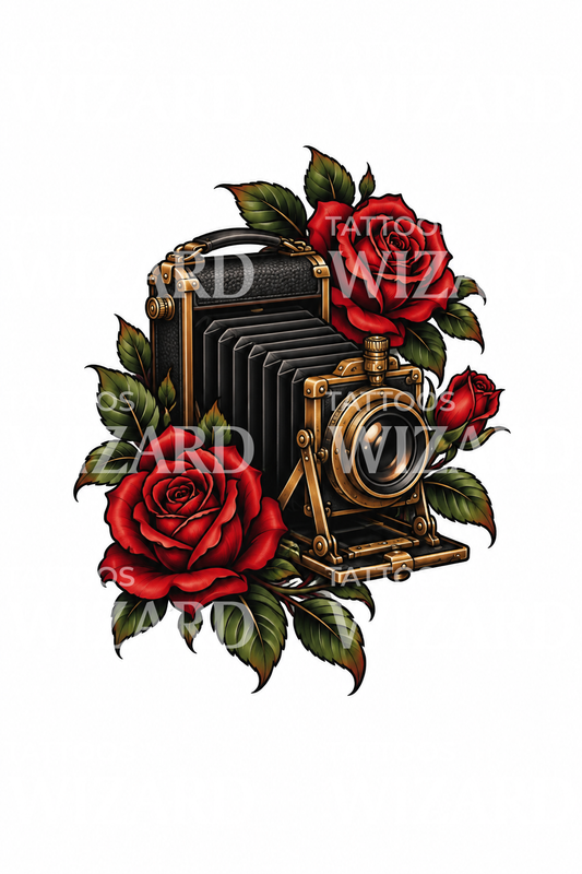 Vintage-Balgenkamera mit roten Rosen als Tattoo-Idee