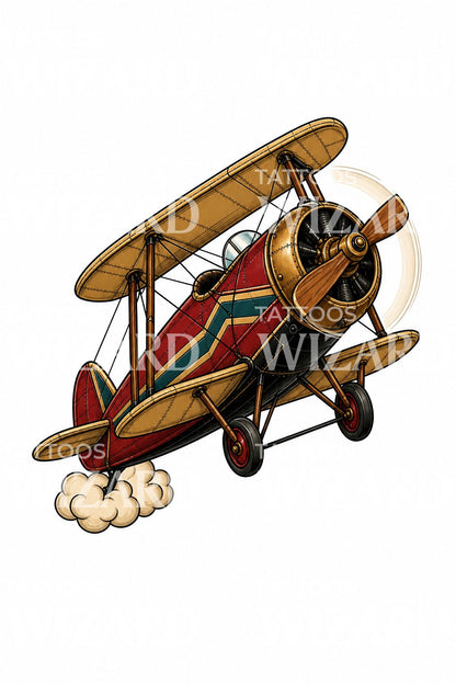 Vintage Biplane in Flight Tattoo Illustration