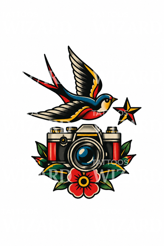 Vintagekamera mit Schwalbenblitz als Tattoo