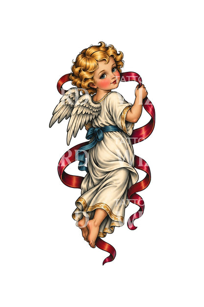 Vintage-Tattooentwurf eines Cherubs mit rotem Band