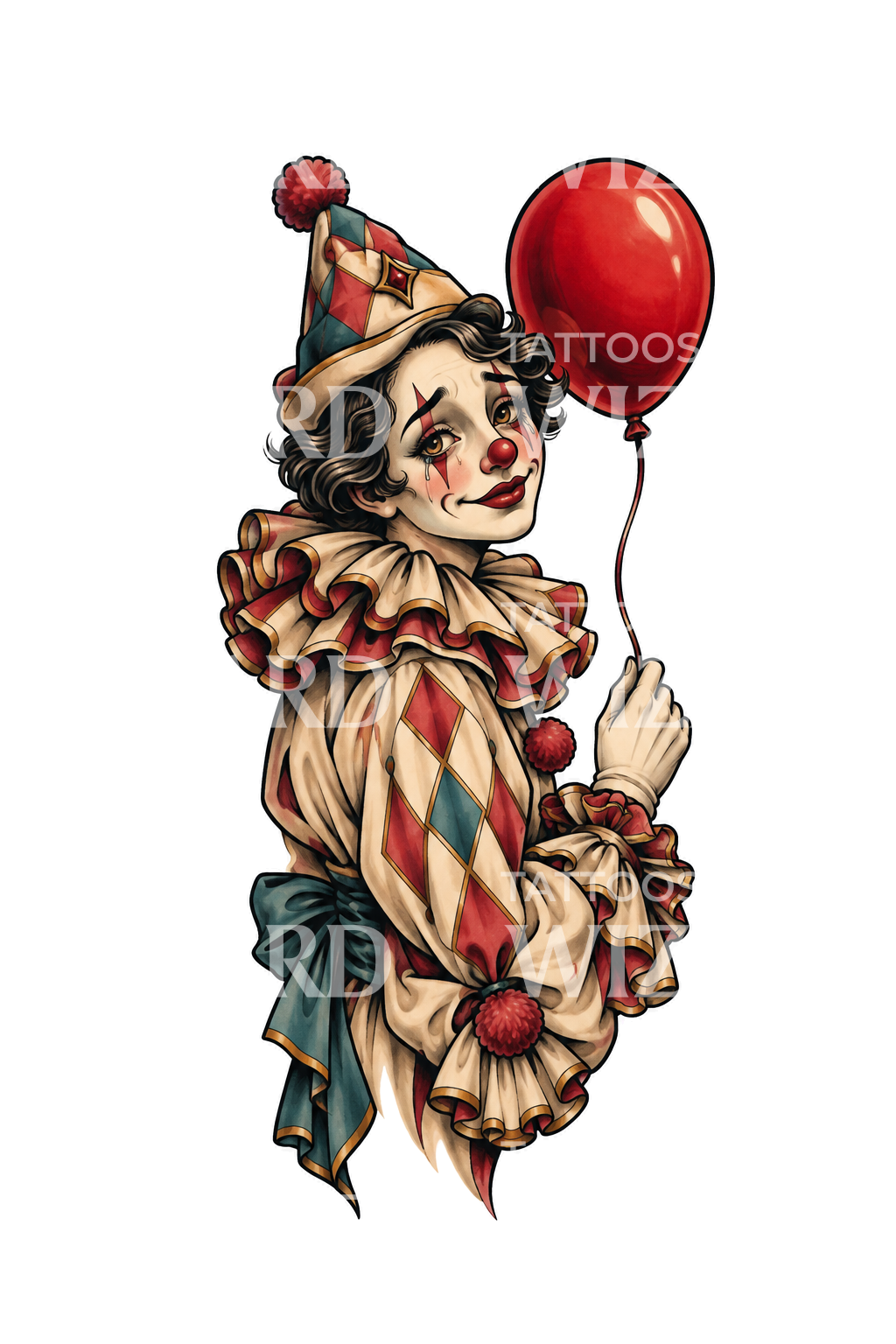 Illustrazione tattoo di clown da circo vintage con palloncino rosso