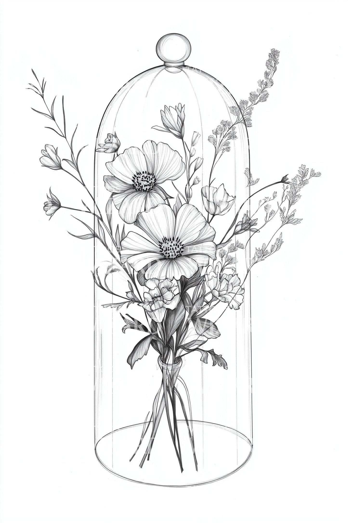 Vintage Cloche Bouquet Tattoo Illustration
