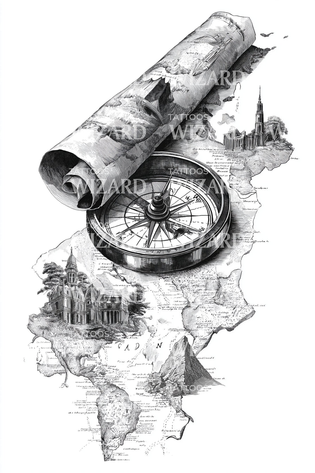 Vintage Compass Map Tattoo Design – Tattoos Wizard Designs