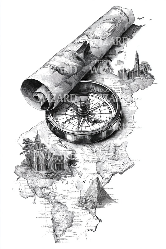 Design Tatuaggio Mappa Bussola Vintage
