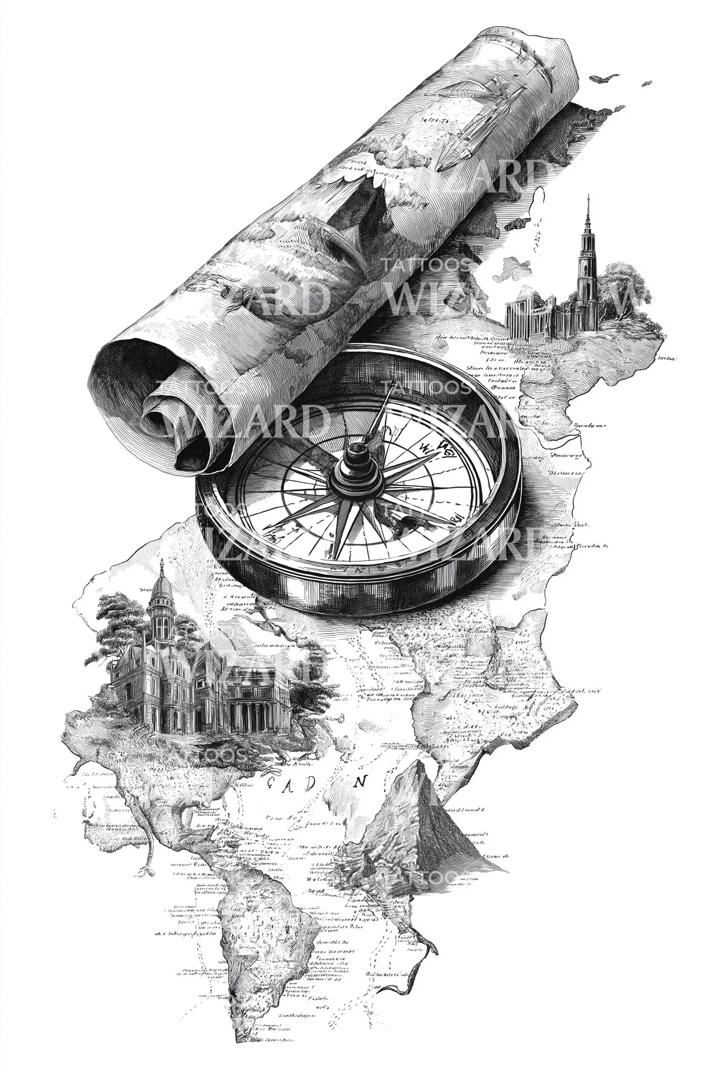 Vintage Compass Map Tattoo Design