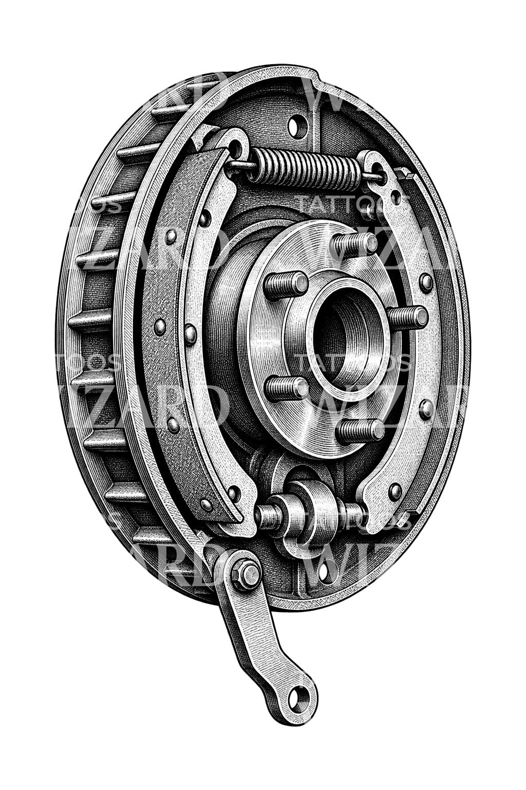 Vintage Drum Brake Cutaway Tattoo Illustration