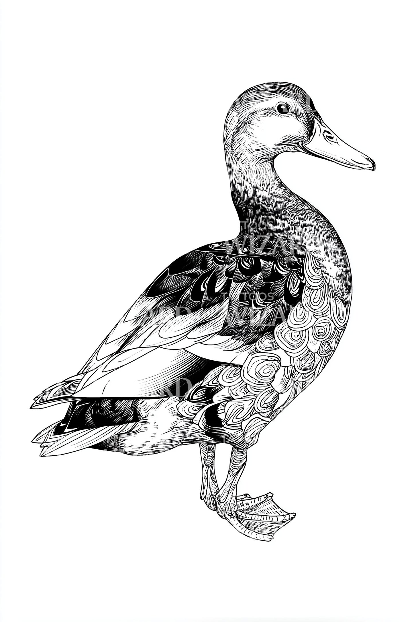 Vintage Duck Linework Tattoo Design