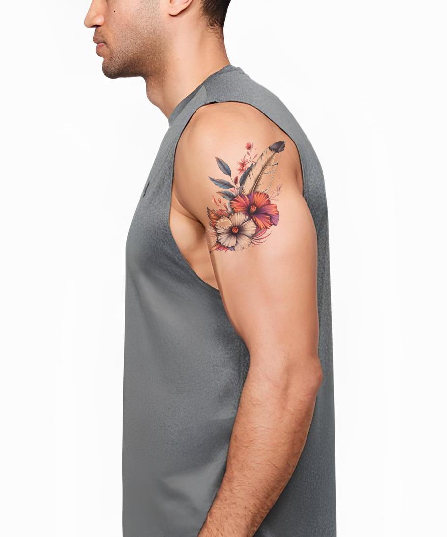 Vintage tropisches Feder- und Blumen-Tattoo-Design