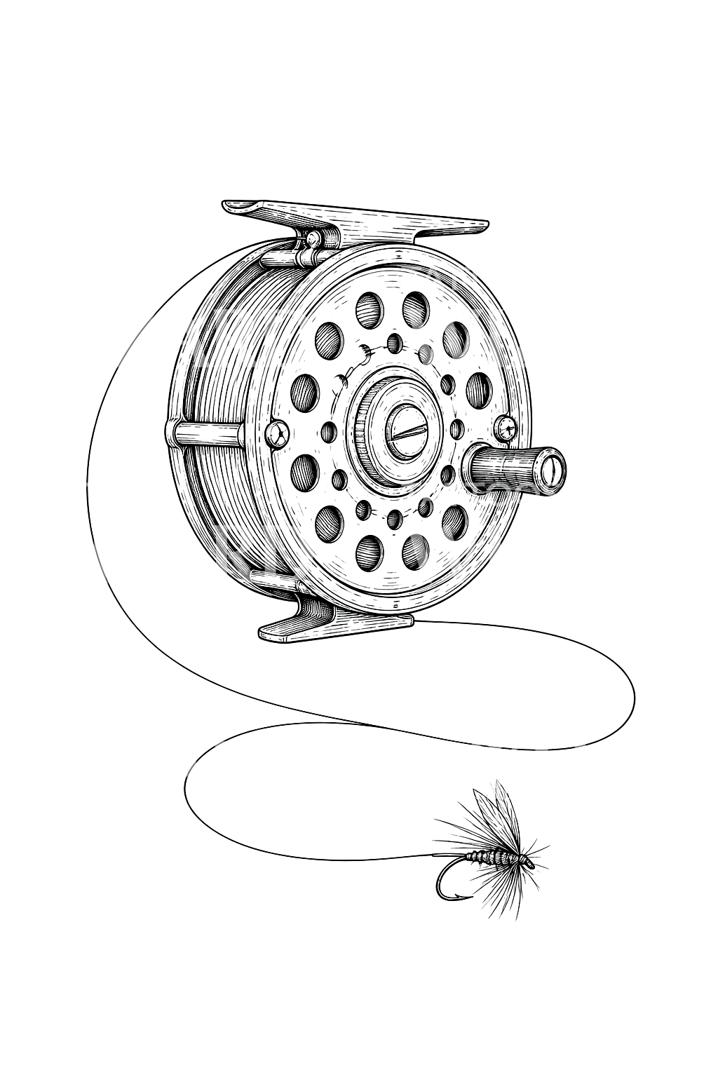 Vintage-Fliegenrolle mit Trockenfliegen-Tattoo