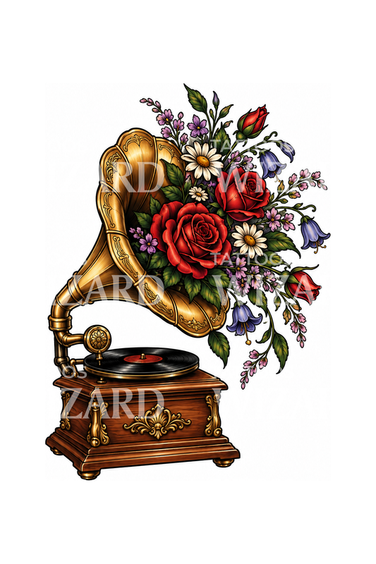 Vintage Gramophone with Flowers Tattoo