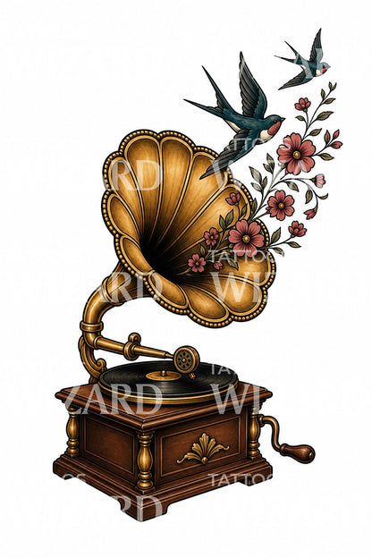 Vintage Gramophone with Swallows Tattoo Idea