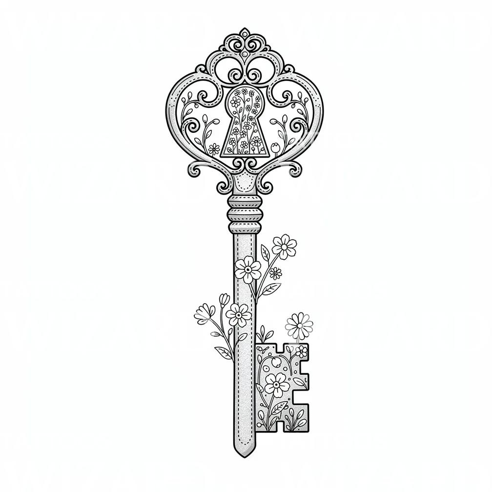 Vintage Key with Filigree Tattoo Illustration