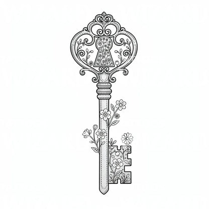 Vintage Key with Filigree Tattoo Illustration