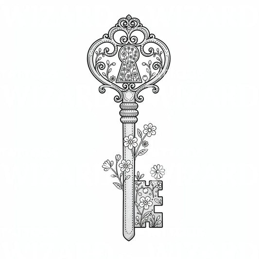 Vintage Key with Filigree Tattoo Illustration