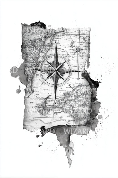 Vintage Map Compass Tattoo Illustration