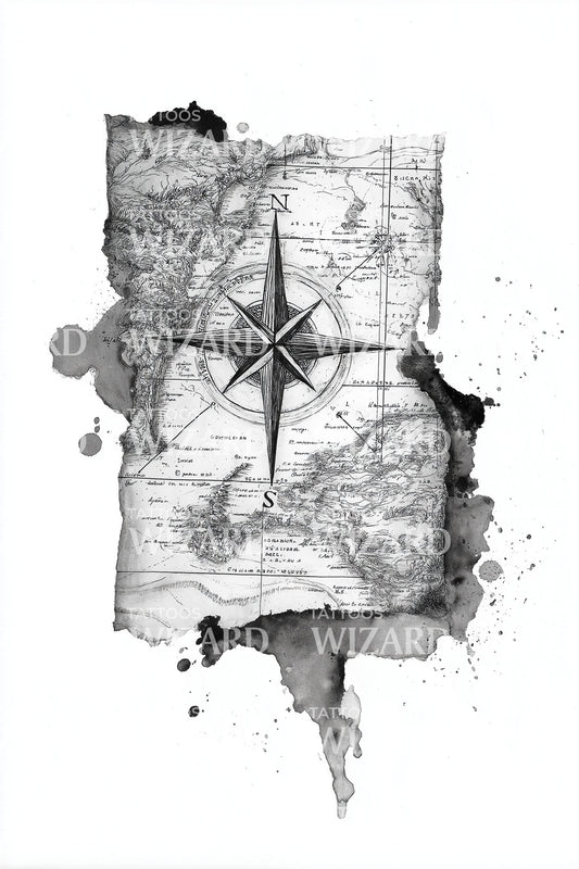 Vintage Map Compass Tattoo Illustration