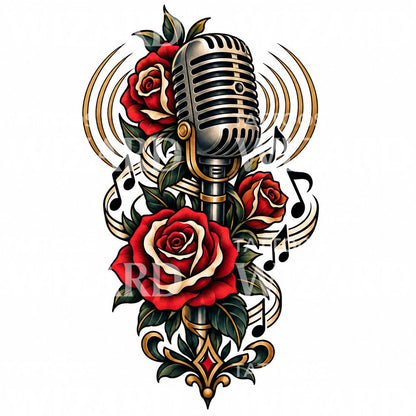 Vintage-mikrofon med rosor som tatueringsdesign