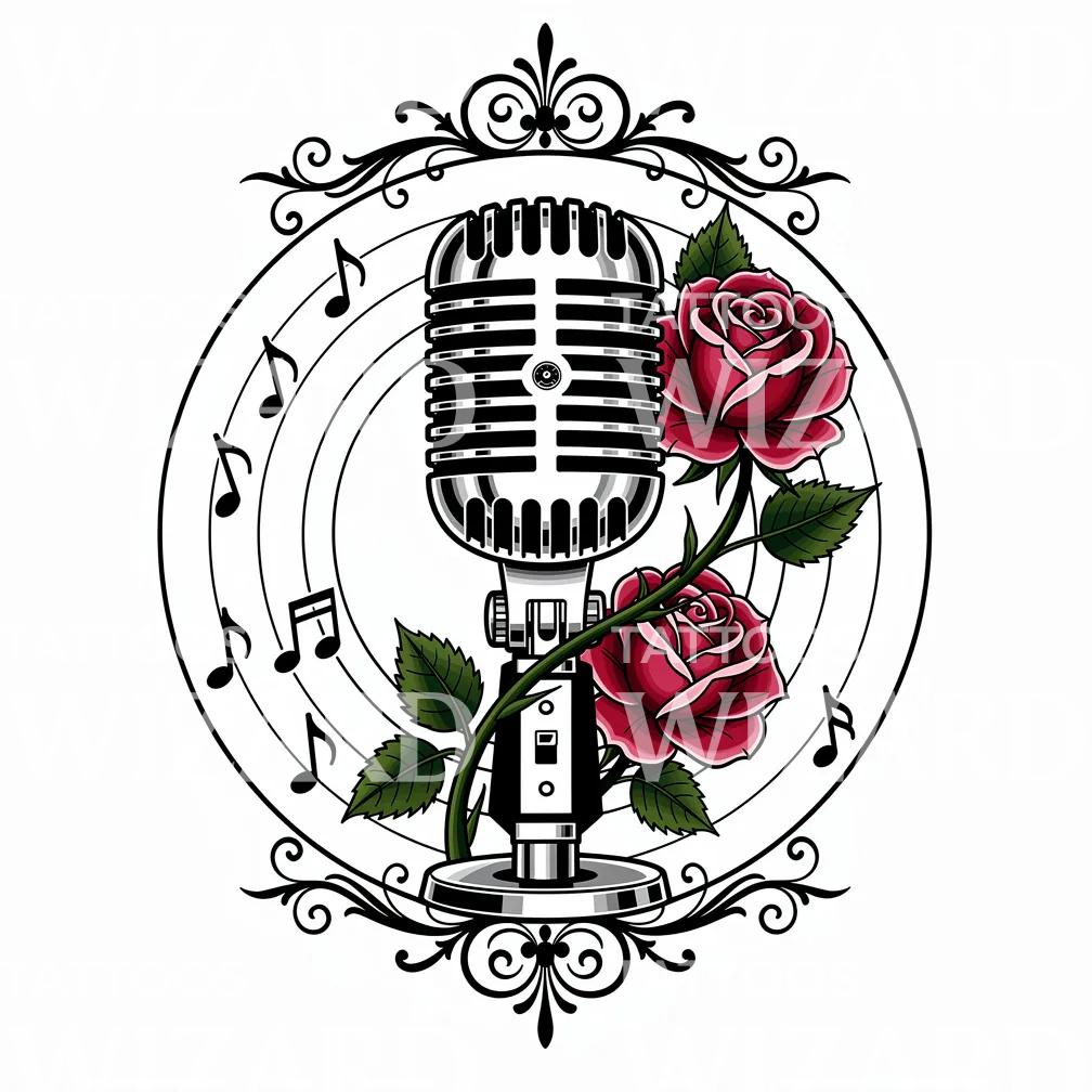Vintage Microphone Roses Tattoo Design