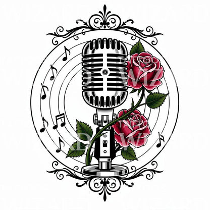 Vintage Microphone Roses Tattoo Design